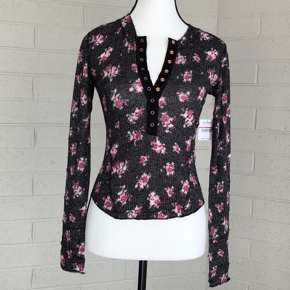 NWT Free People Intimately One of the Girls Printed Henley Top in Black Combo - Picture 3 of 11